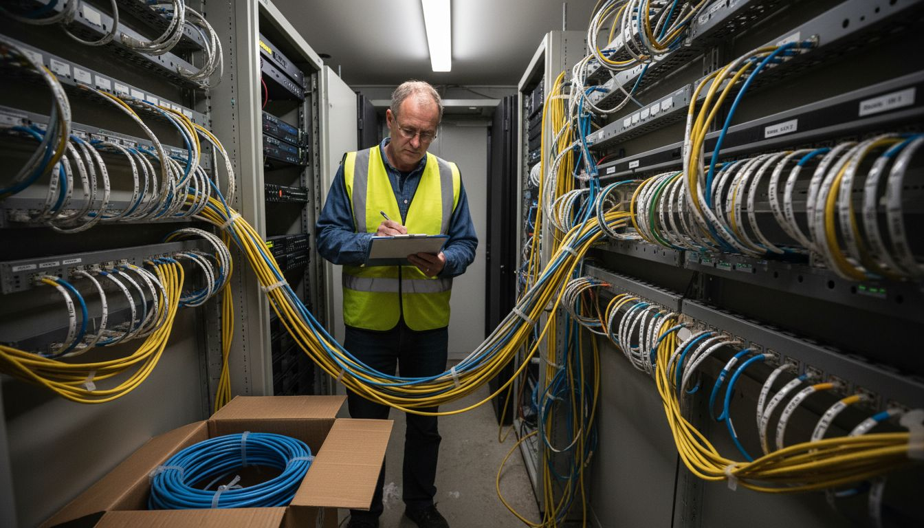 Manager reviewing labeled Cat6 network cables