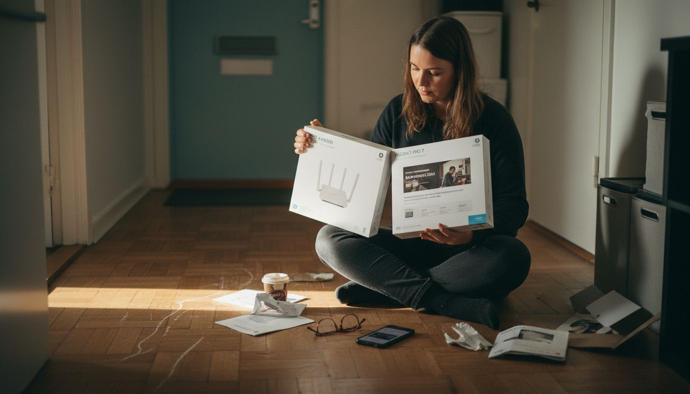 En kvinna står i hallen och jämför olika wifi-routrar, funderar på vilken som passar bäst för hemmet.