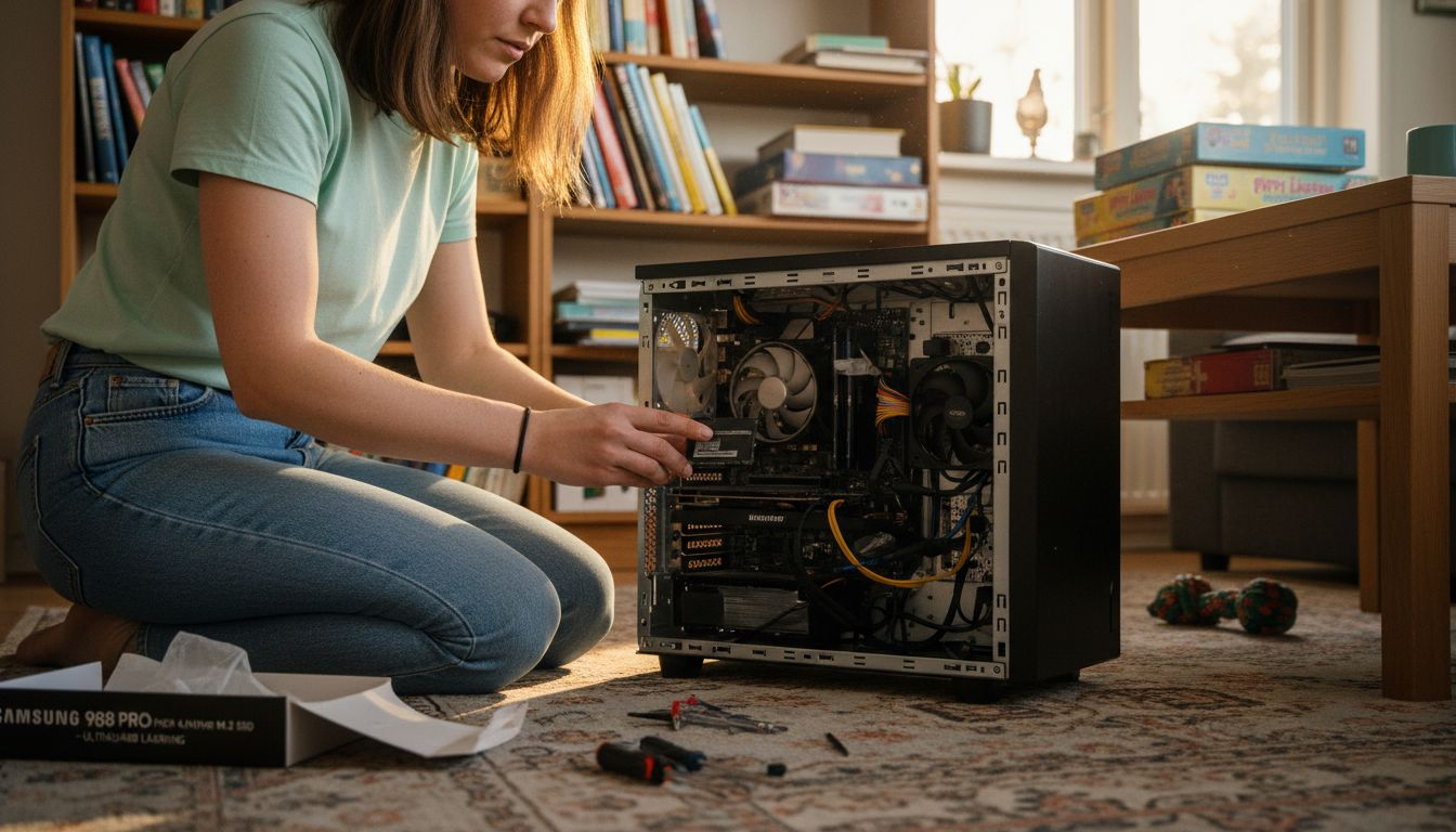 7 Effektiva Tips för Snabbare Dator – Upp till 50% Bättre Prestanda 2 Kvinna monterar in en SSD i en öppen datorlåda