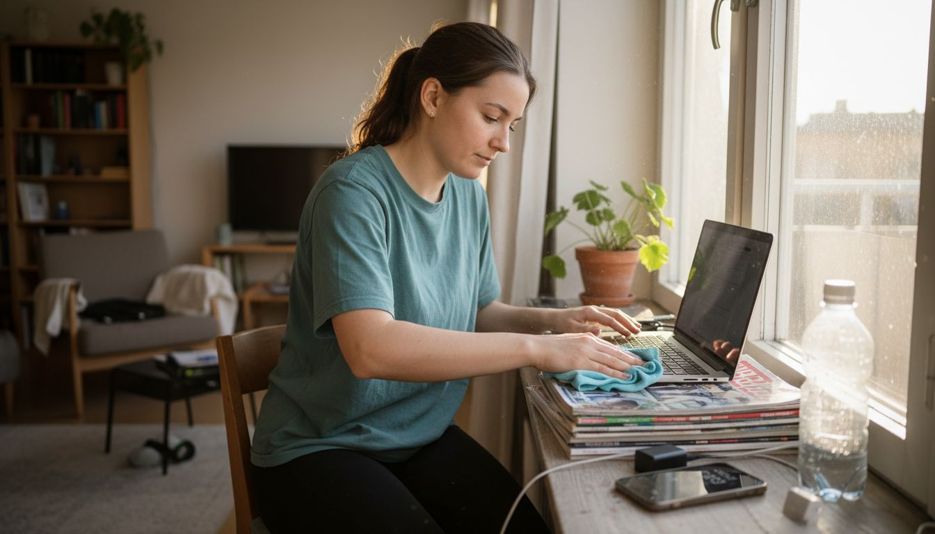 En kvinna rengör sin laptop med en mikrofiberduk.
