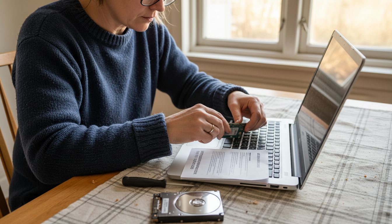 Uppgradera Datorn 2026: 70% Bättre Säkerhet och Prestanda 2 En kvinna byter hårddisk i sin laptop och sätter in en SSD.