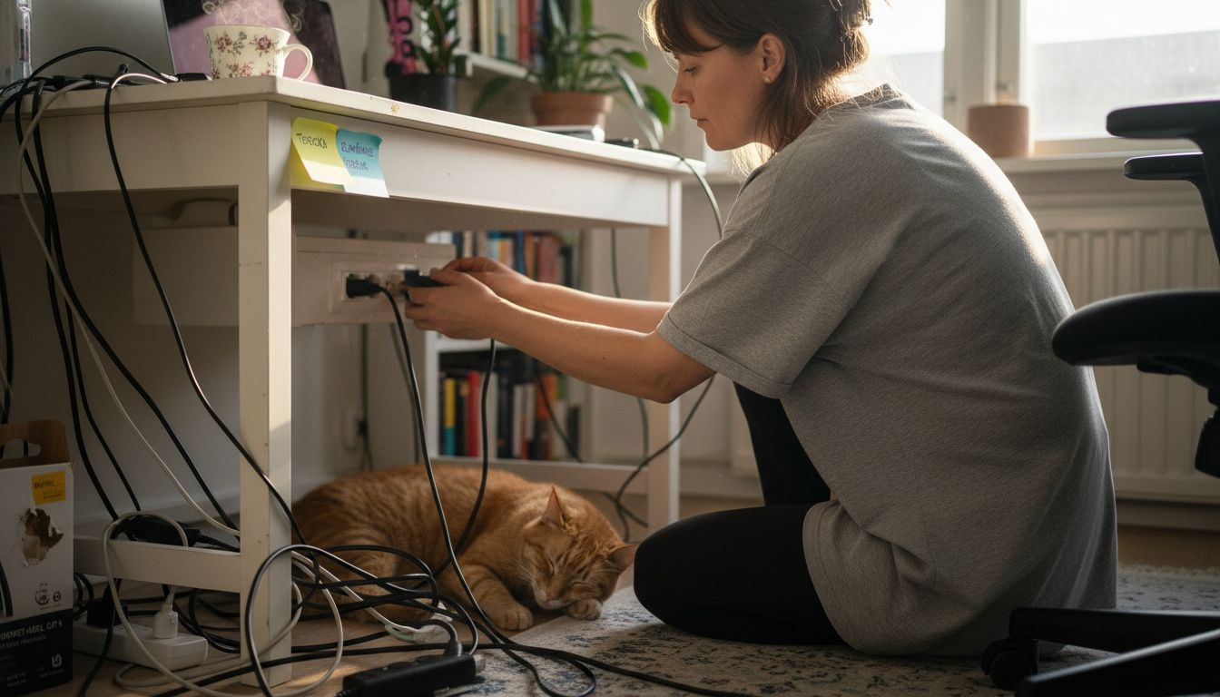 En person kopplar in en sladd i sitt lilla arbetsrum.