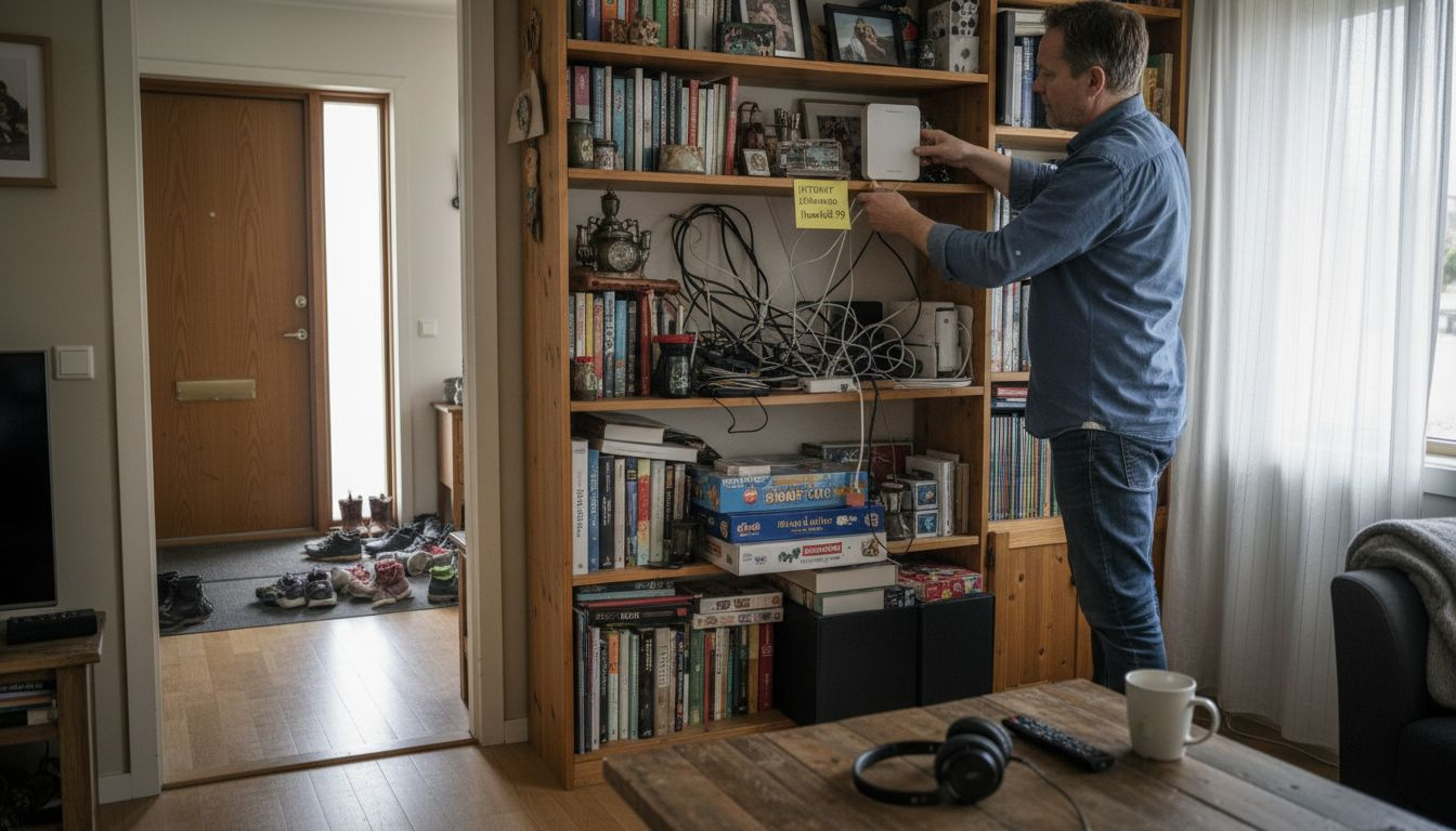 En man justerar wifi-routern som står högt uppe på en hylla.