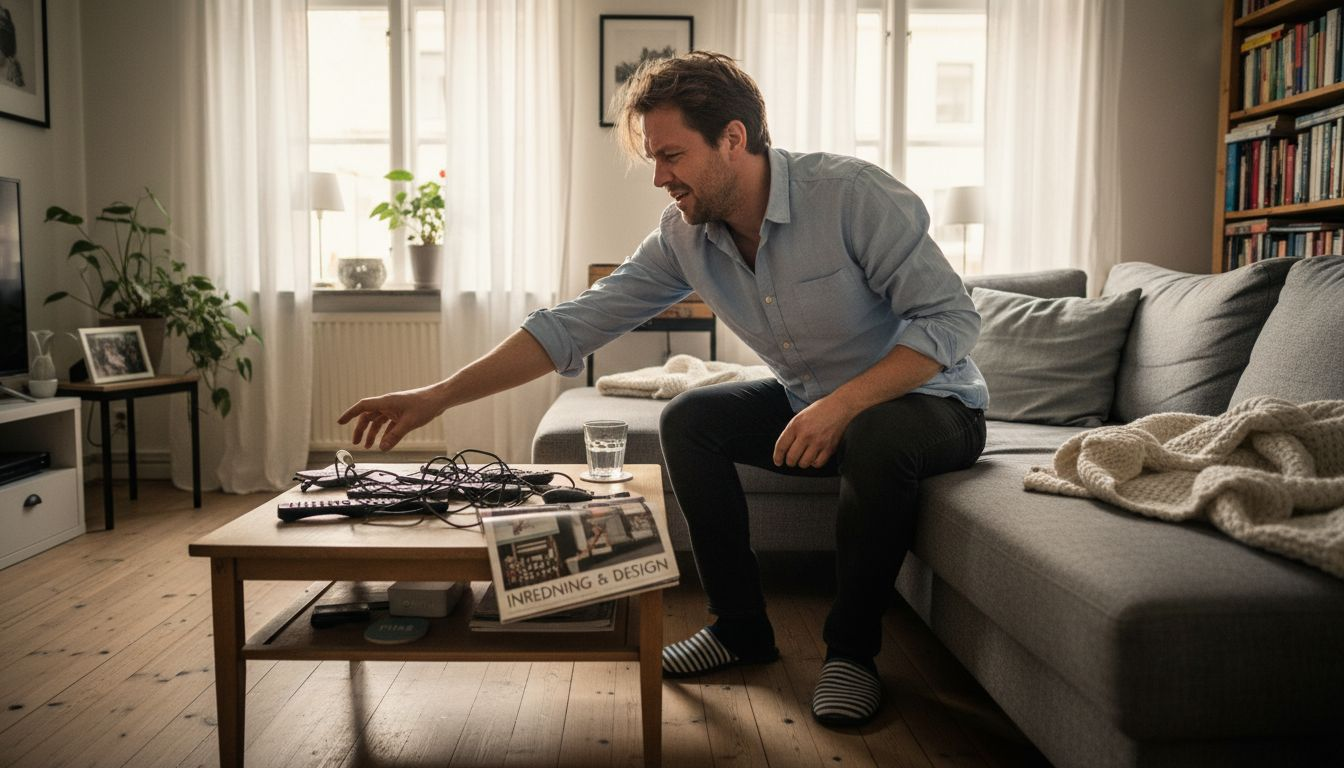 En man med ont i ryggen böjer sig försiktigt hemma