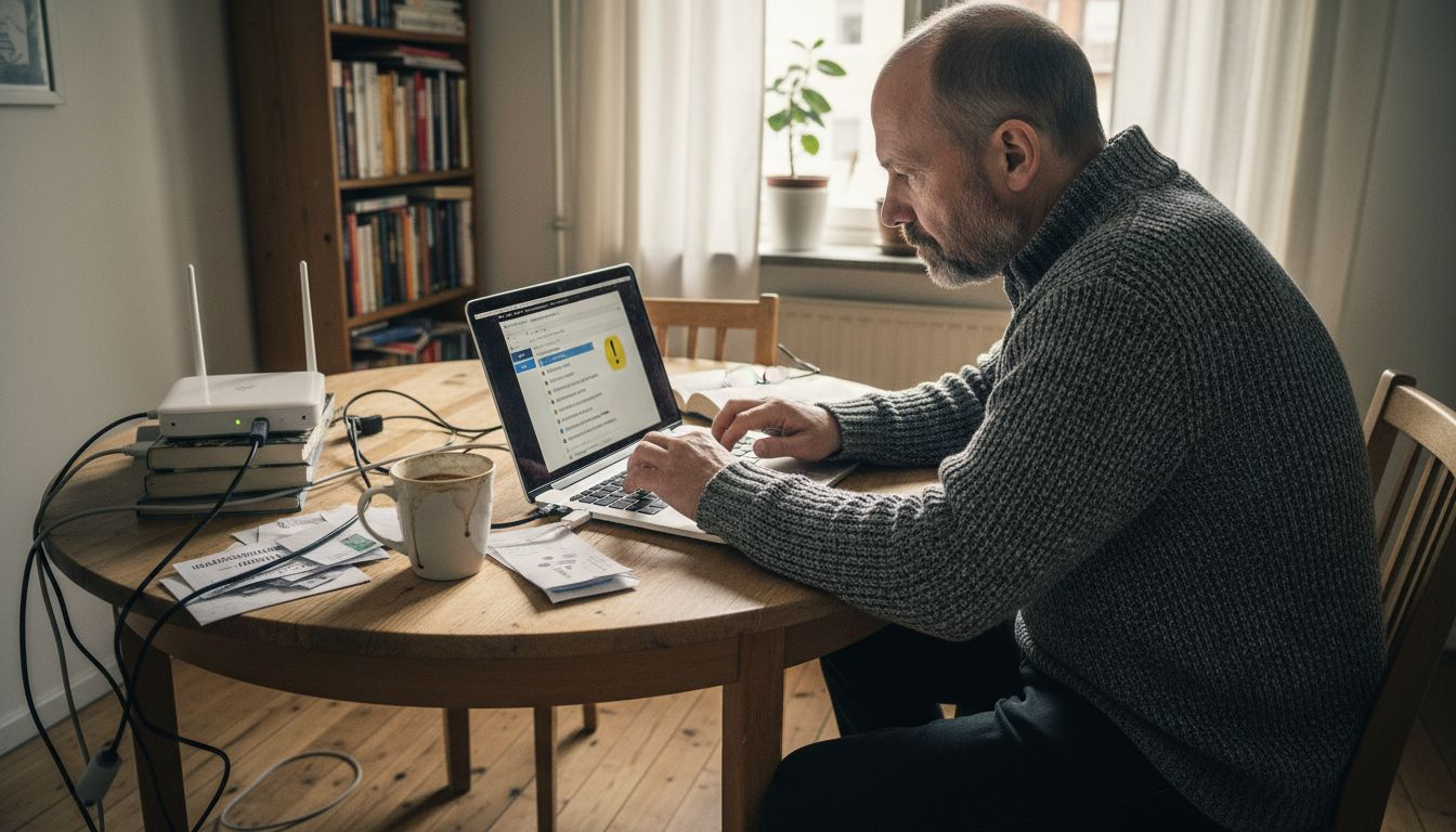 En person sitter vid köksbordet och försöker få igång WiFi på sin Mac.
