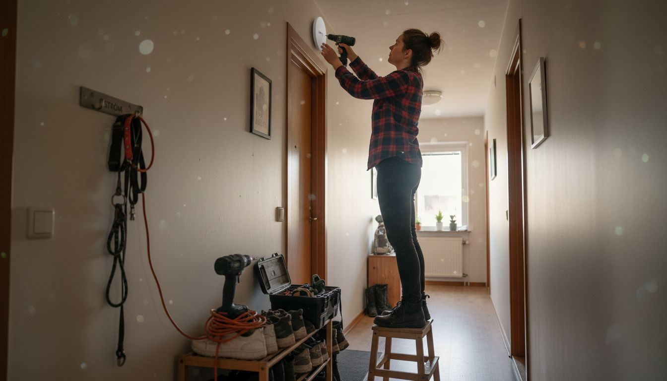 En person sätter upp en UniFi-accesspunkt hemma