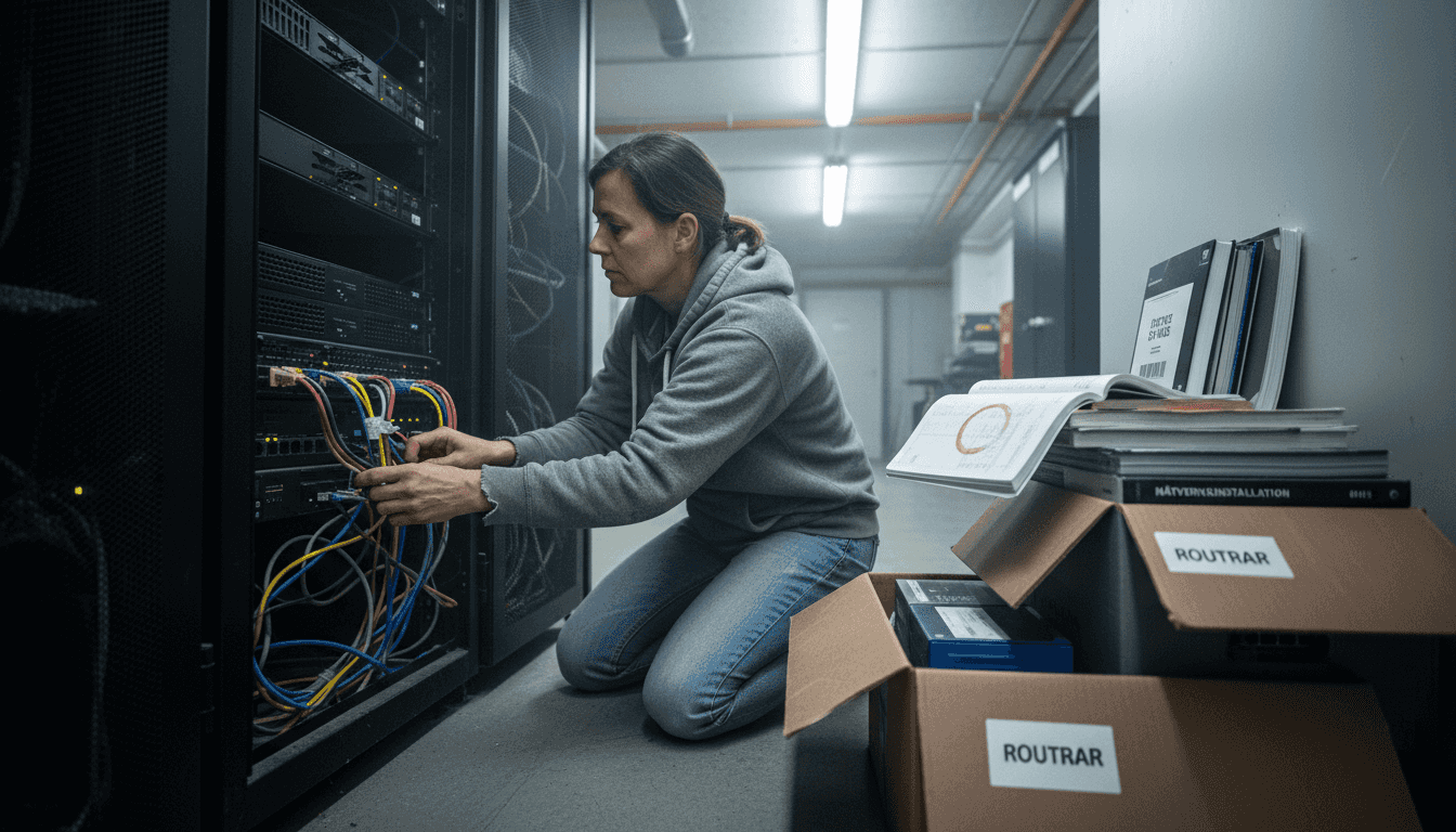 IT-specialist som går igenom serverutrustning nere i källaren