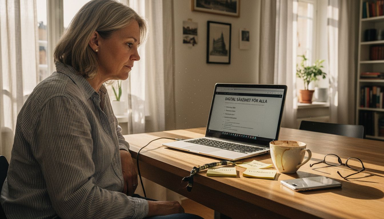 Kvinna lär sig säker datoranvändning i Stockholm