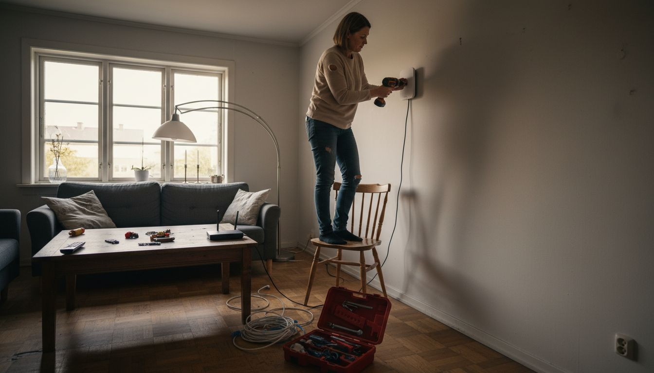 En person installerar wifi hemma.