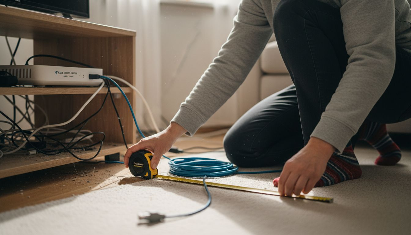 Villaägare som mäter upp hur lång nätverkskabel som behövs