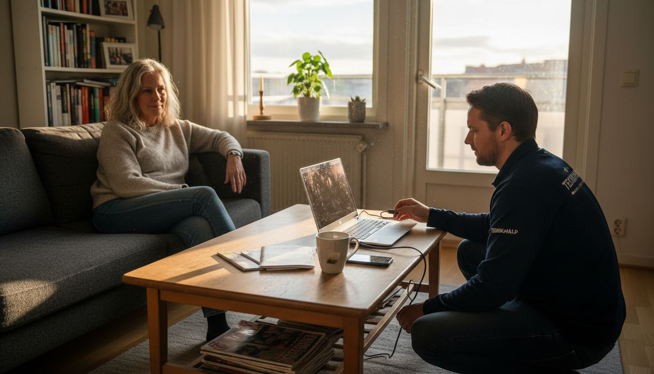 En tekniker är på plats i en lägenhet i Stockholm för att installera en laptop.