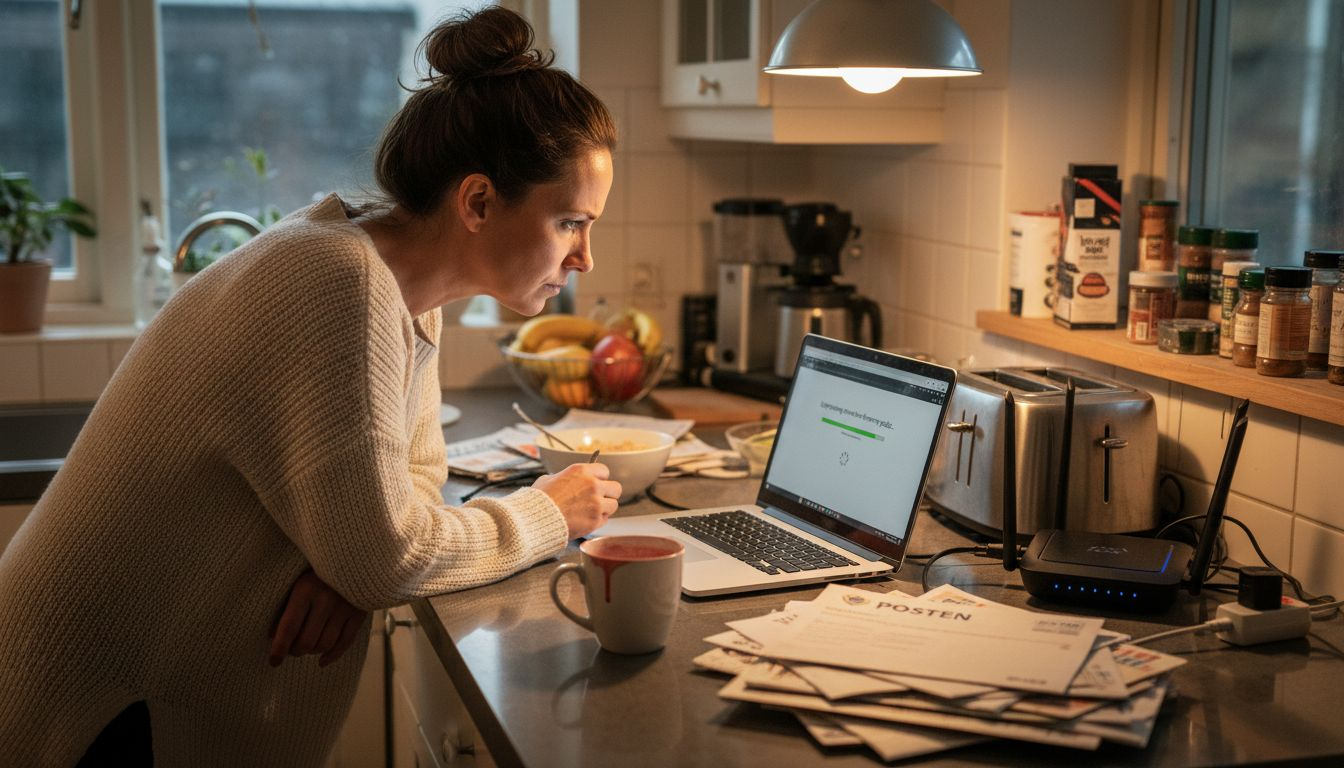 Kvinna sitter i köket och uppdaterar routerns mjukvara