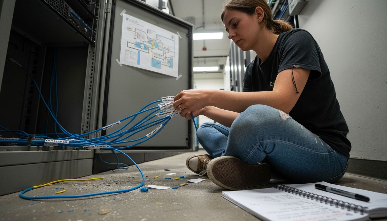 Installer labeling network cables in server room