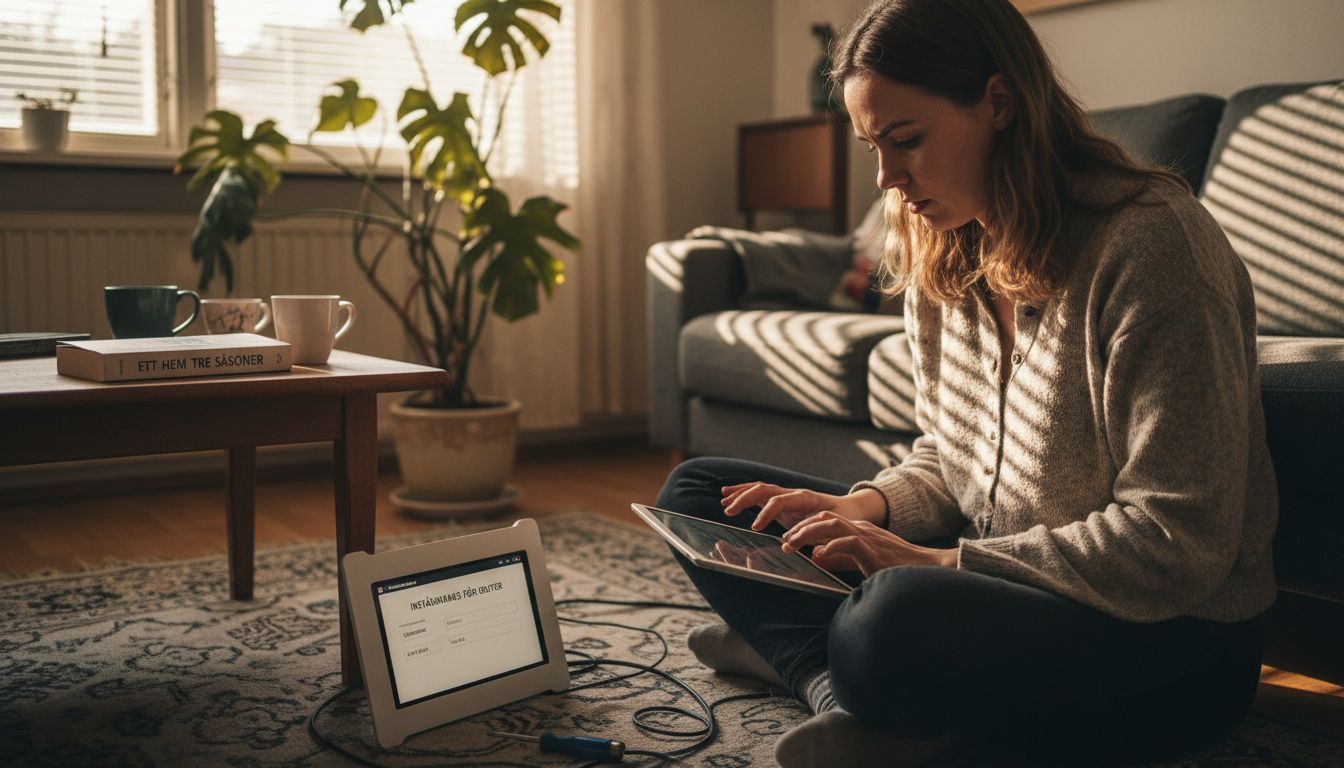 Kvinna som installerar och säkrar sitt trådlösa hemnätverk