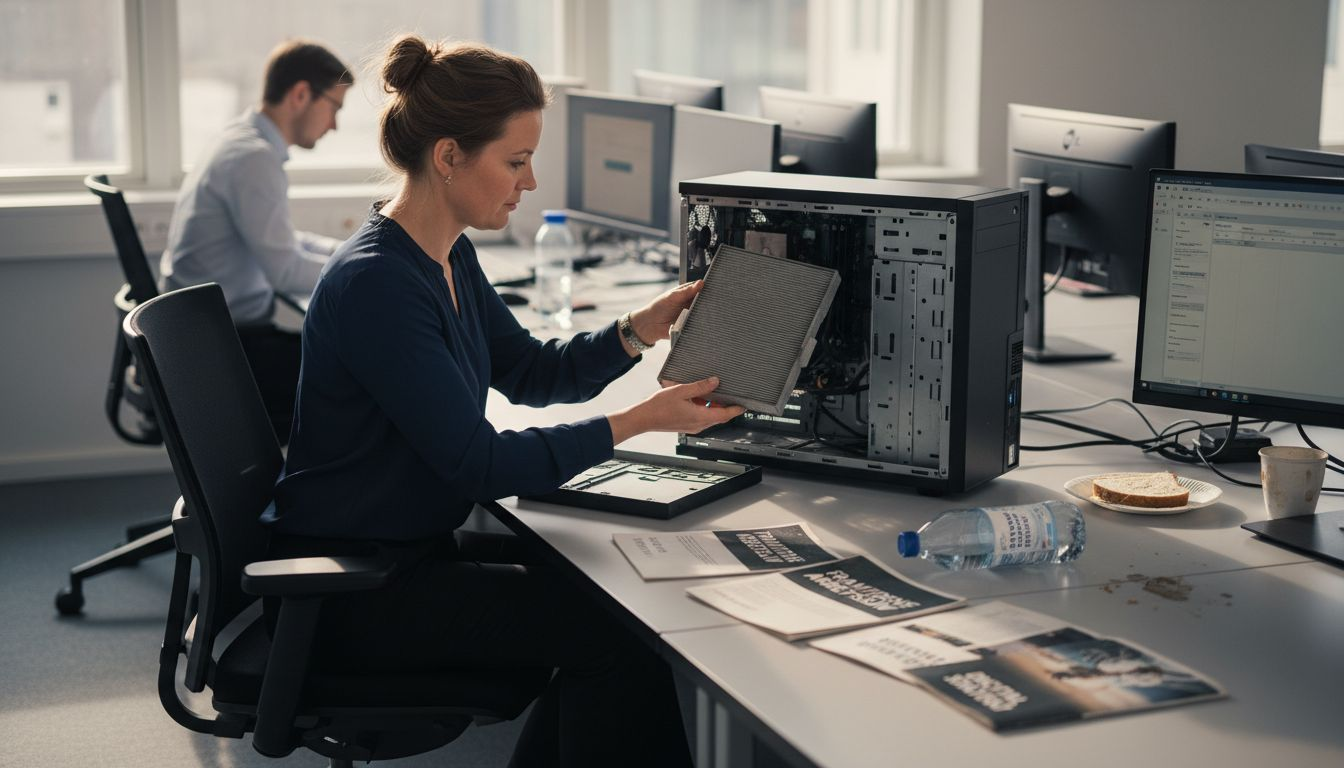 En anställd på kontoret passar på att byta ut datorns luftfilter.