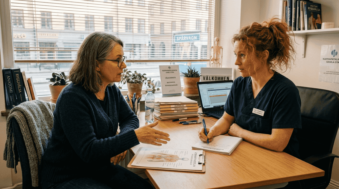 Patienten går igenom behandlingsupplägget tillsammans med sin naprapat.