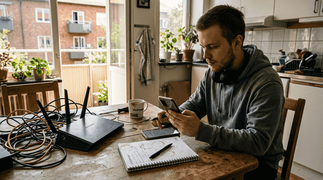En tekniker går igenom och dokumenterar felsökningen av nätverket hemma.