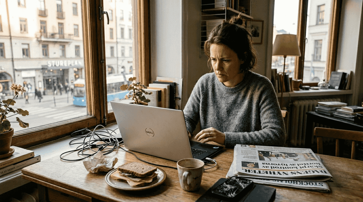 En kvinna undersöker sin laptop hemma för att se om den har fått virus eller skadlig programvara.