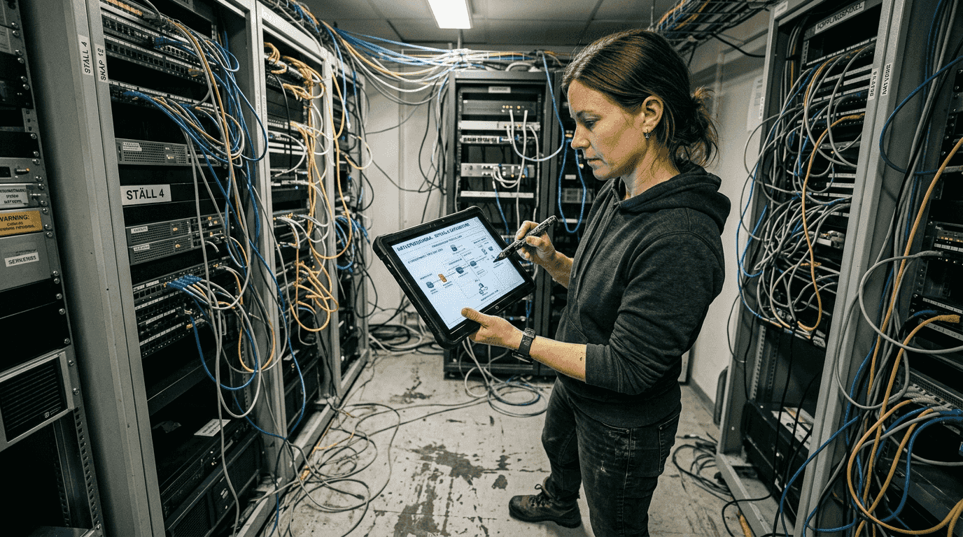Penetrationstest för företagsnätverk 2026: en vital säkerhetsåtgärd 2 IT-säkerhetsspecialist granskar nätverket i serverrummet