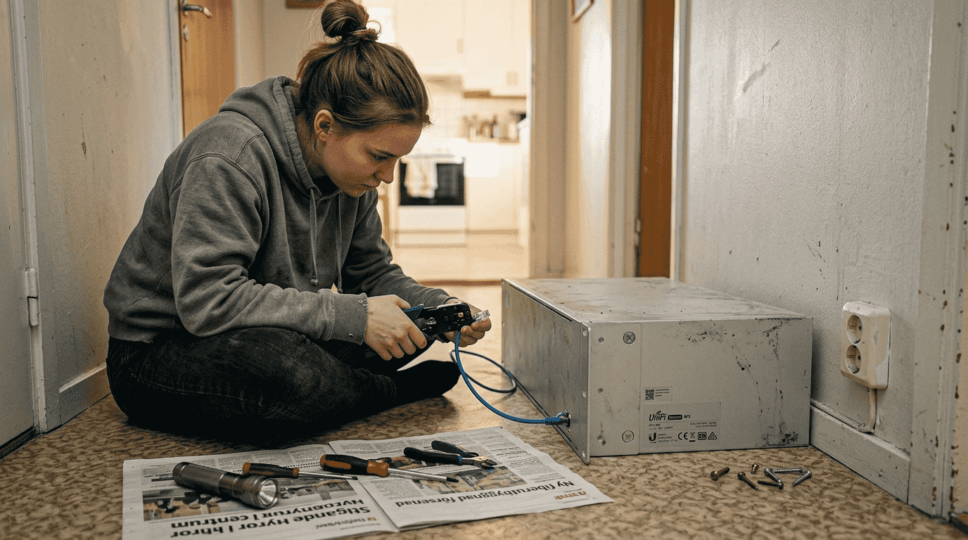 En tekniker håller på att koppla in en nätverkskabel på golvet i korridoren.