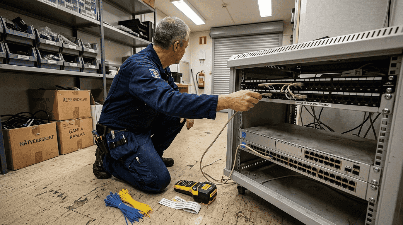 En tekniker installerar nätverkskablar vid ett patchskåp.