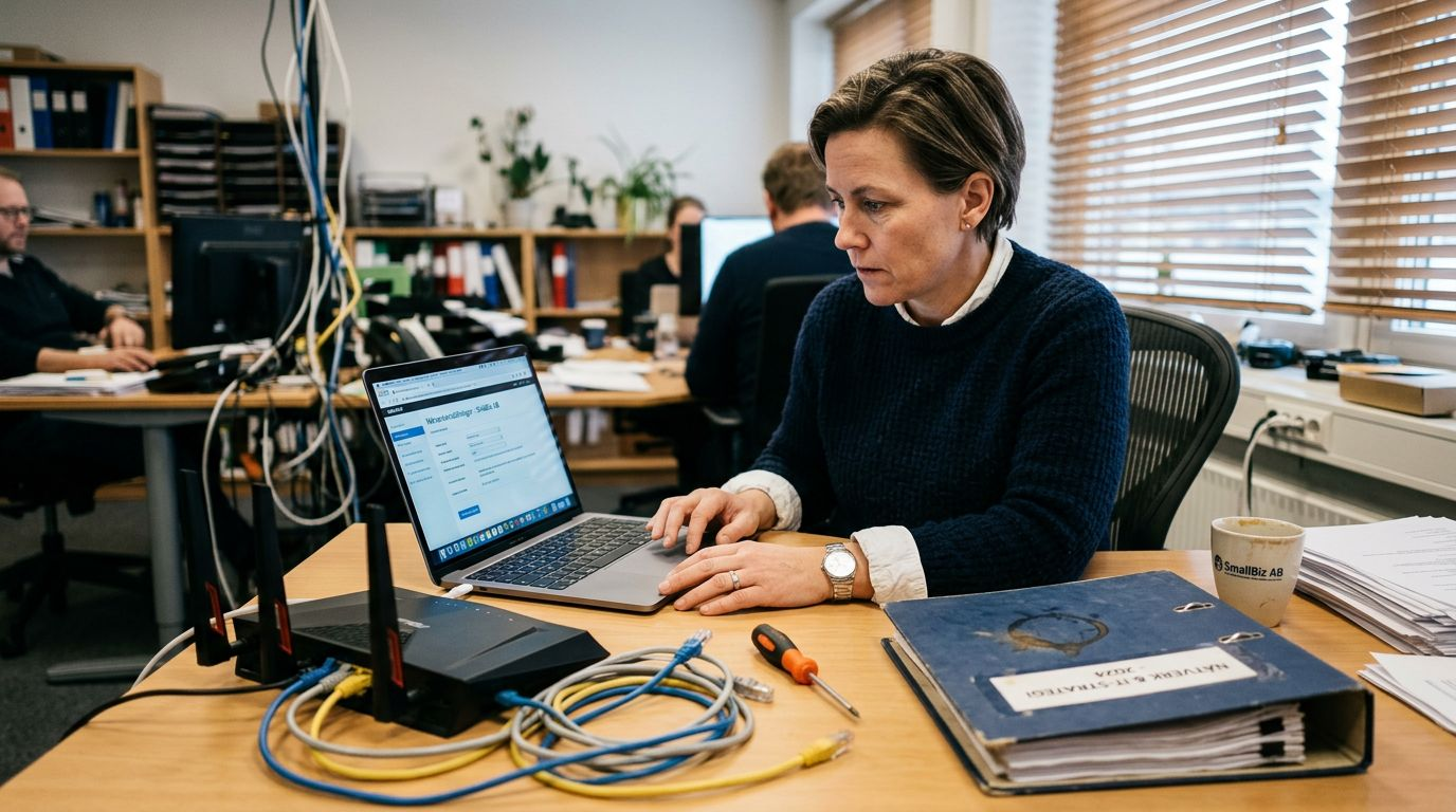 En administratör ser över och justerar nätverksinställningarna på kontoret.