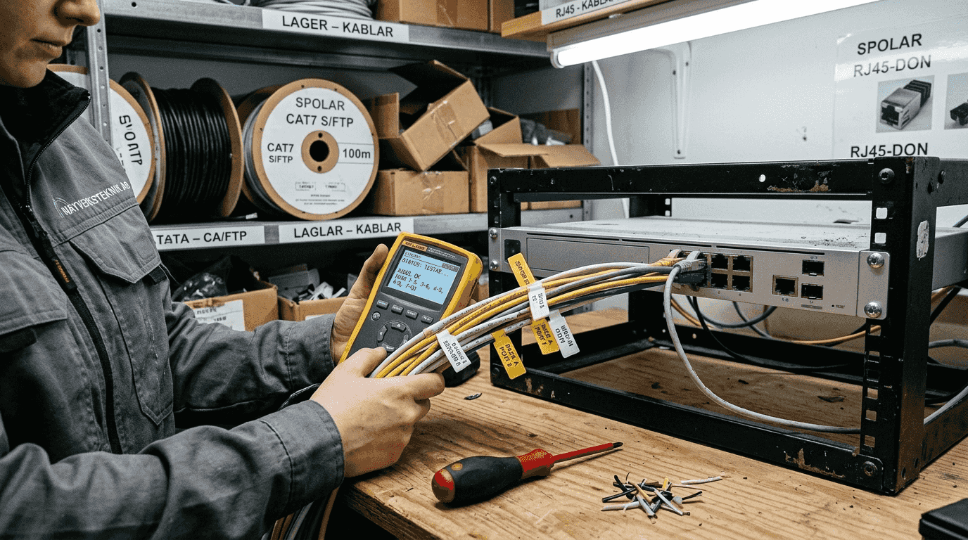 Närbild på en tekniker som kontrollerar nätverkskablar