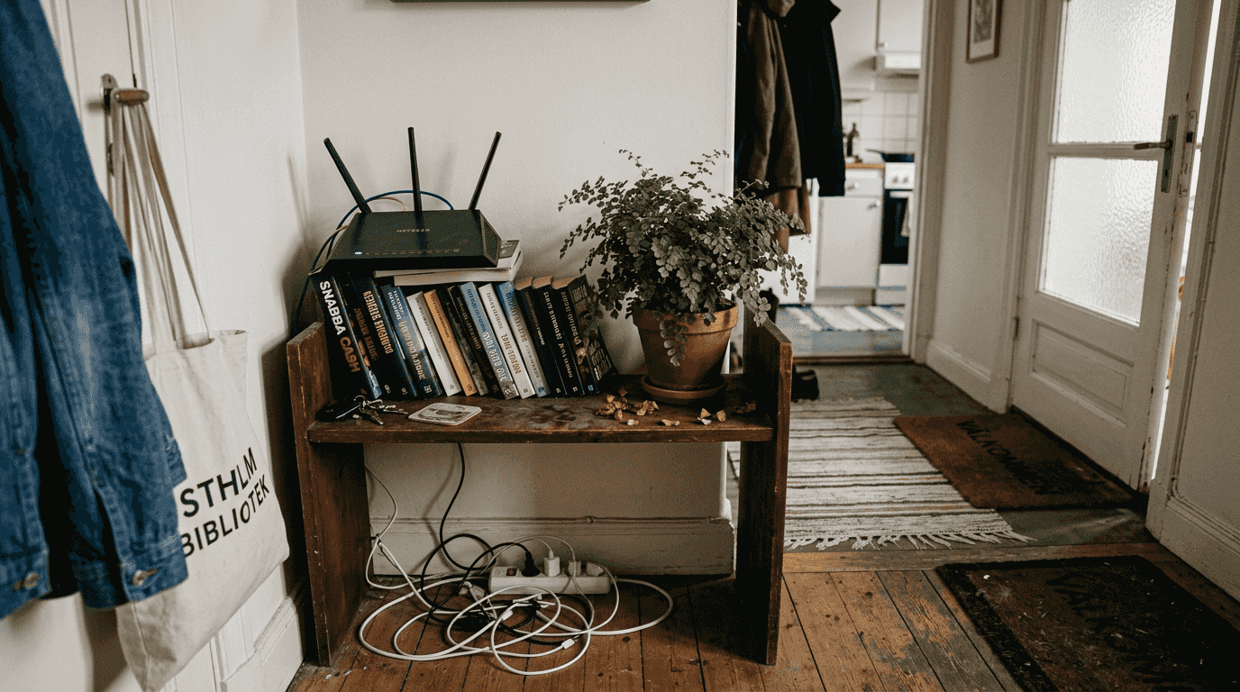 En wifi-router som står inklämd bland böcker och prylar i bokhyllan.