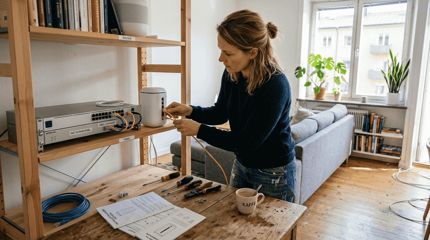 Kvinna som installerar router och switch i vardagsrummet