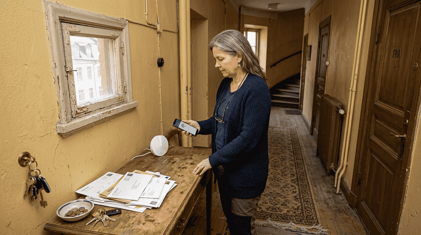 Kvinna försöker få bättre wifi-täckning i en gammal byggnad.