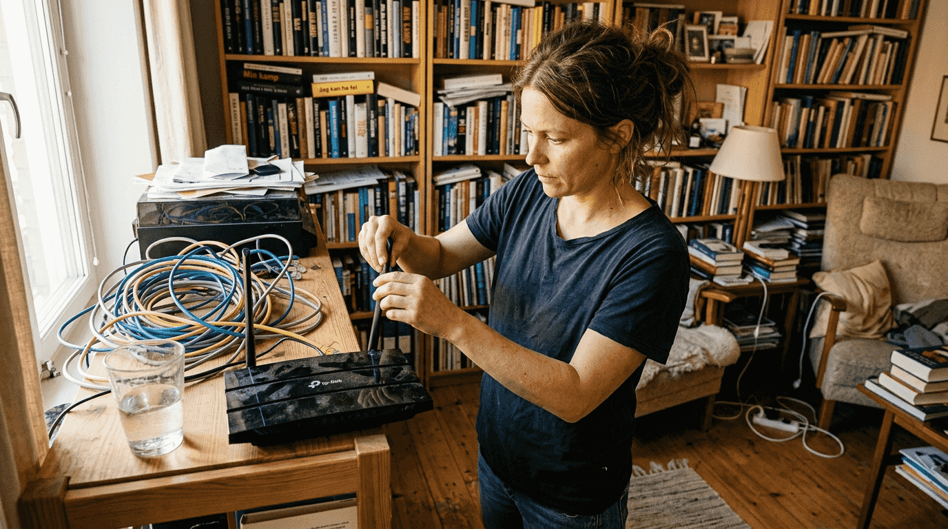 Kvinna justerar antennerna på routern som står i bokhyllan.