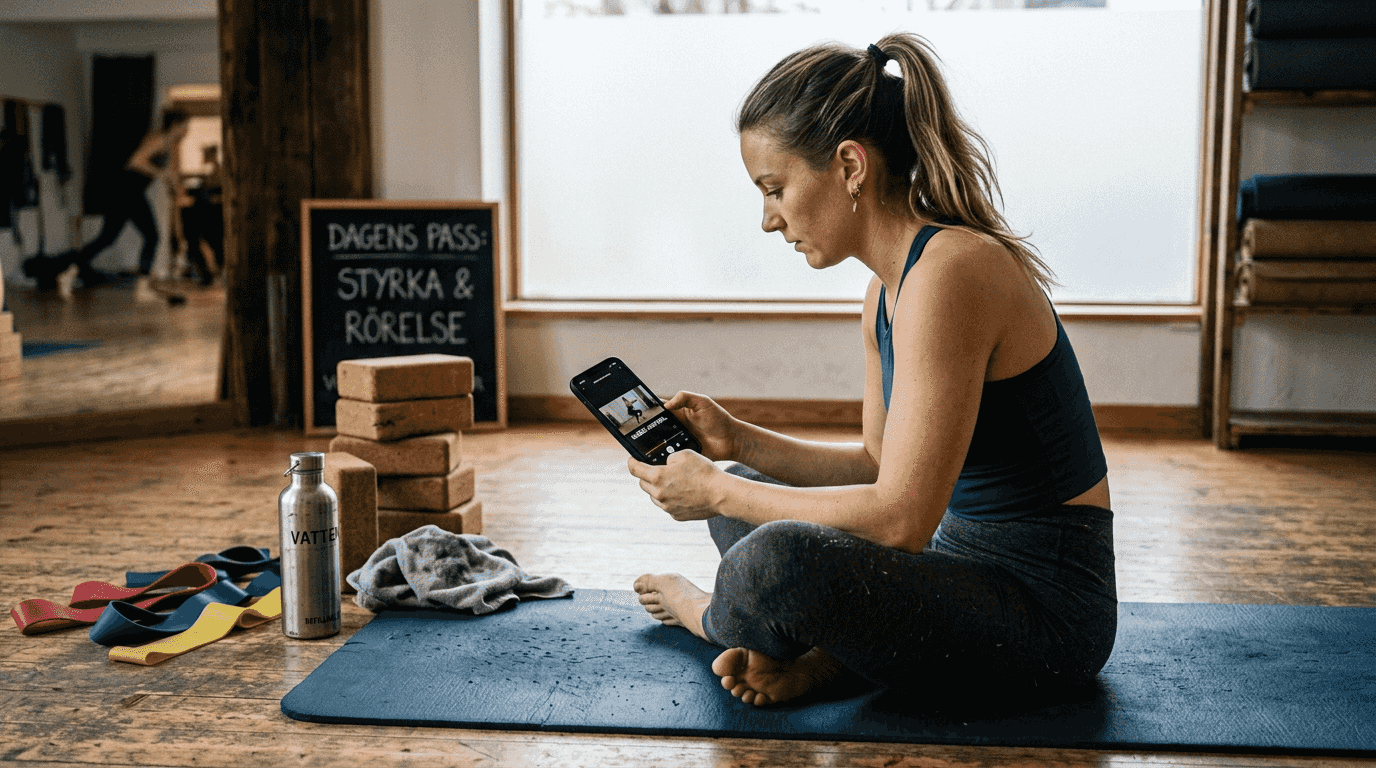 Kvinna som tittar på sin mobil för att se över sin träningsteknik