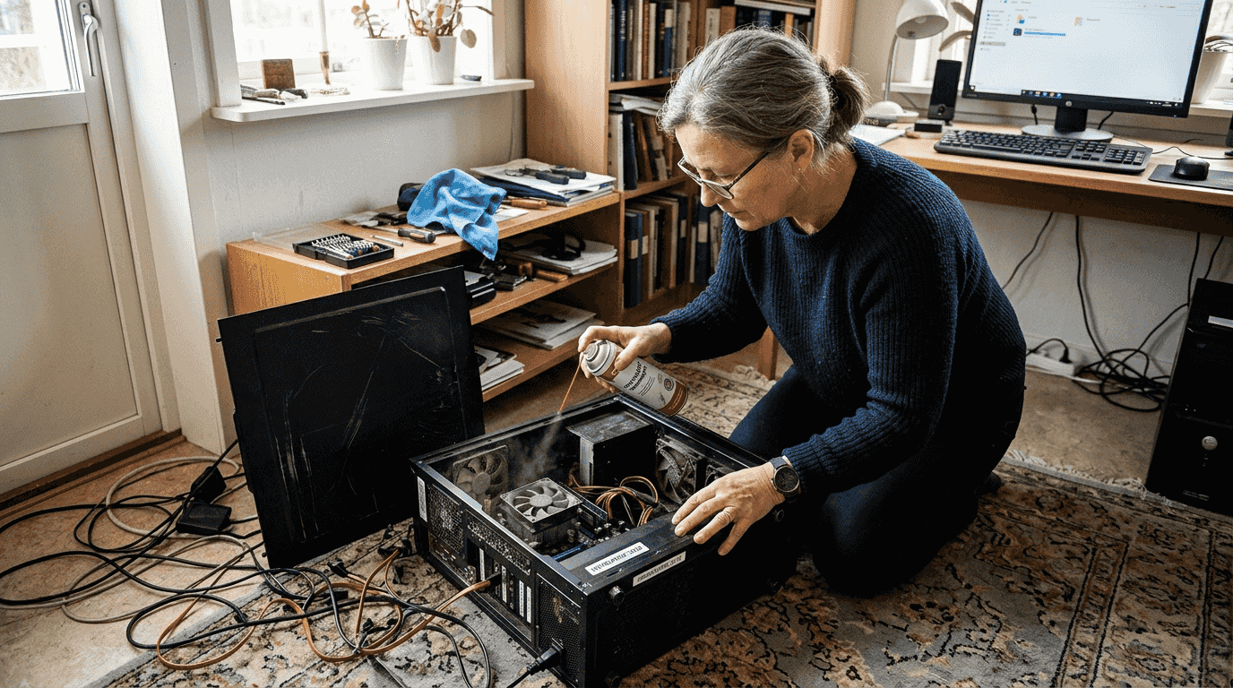 En kvinna rengör damm inuti datorlådan.