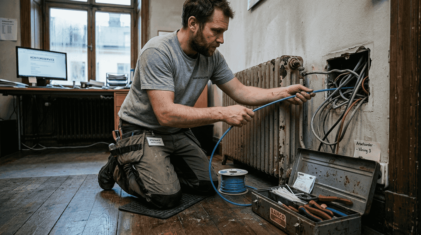 En tekniker drar nya nätverkskablar i ett gammalt kontor.