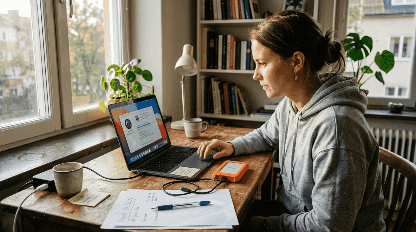 En kvinna förbereder sin MacBook för att göra en säkerhetskopiering av systemet.