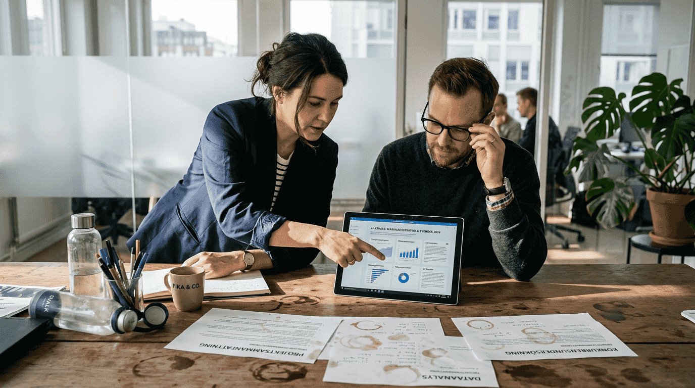 Ett team sitter samlat runt ett mötesbord och diskuterar analyser fram running med hjälpteam av AI.