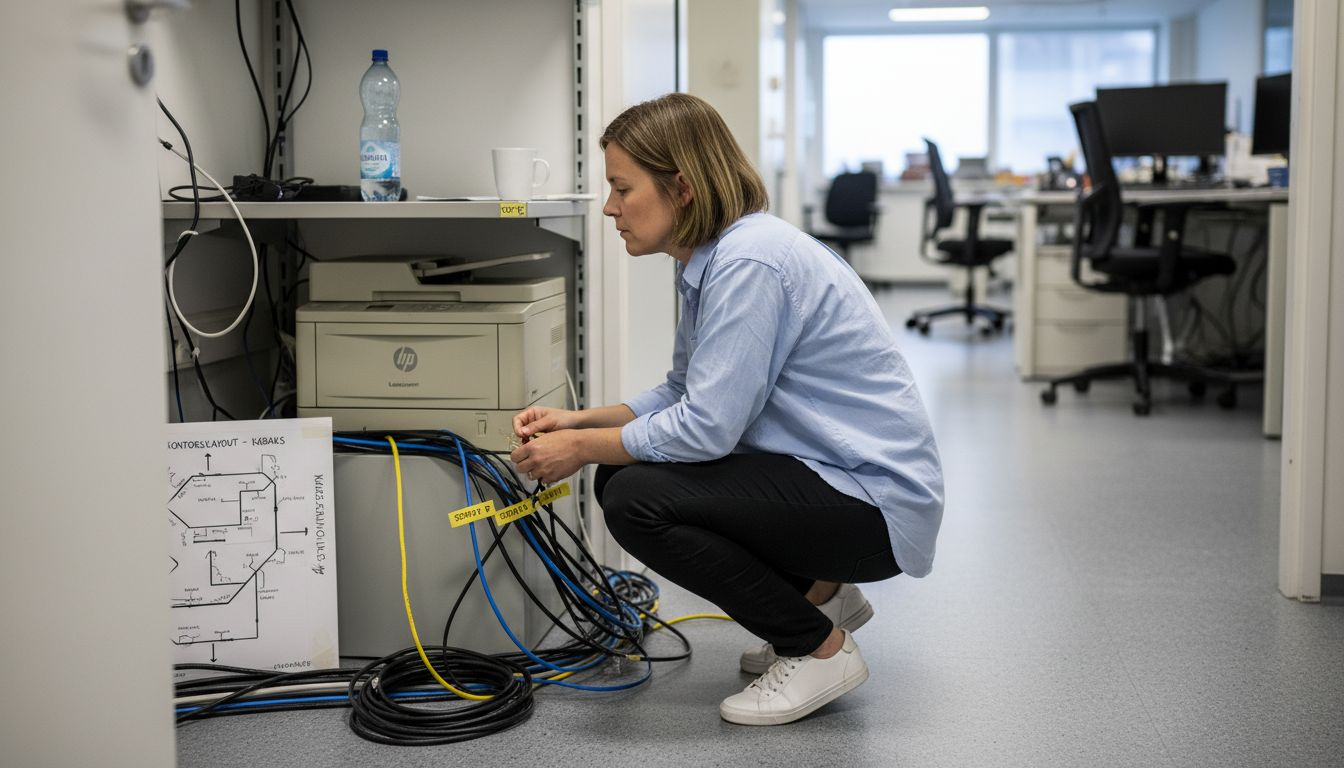 En kvinna jobbar med att organisera nätverkskablar i ett serverrum.