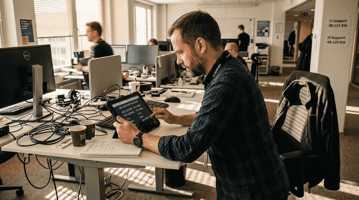 En person sitter vid sitt skrivbord på kontoret och kontrollerar att nätverket fungerar som det ska.