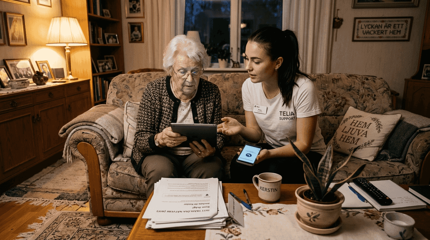 Äldre kvinna får teknisk support på distans i sitt hem