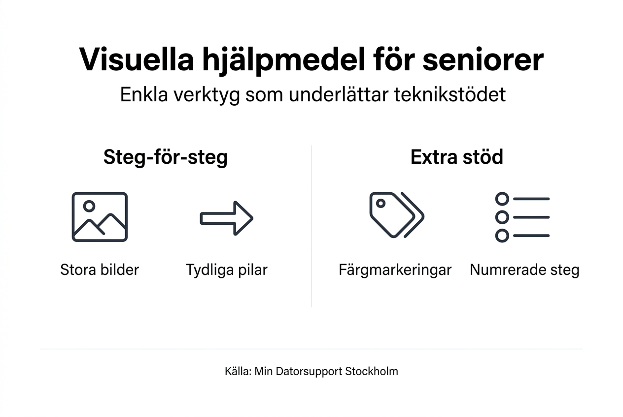En överskådlig infografik om synhjälpmedel och praktiskt stöd för äldre