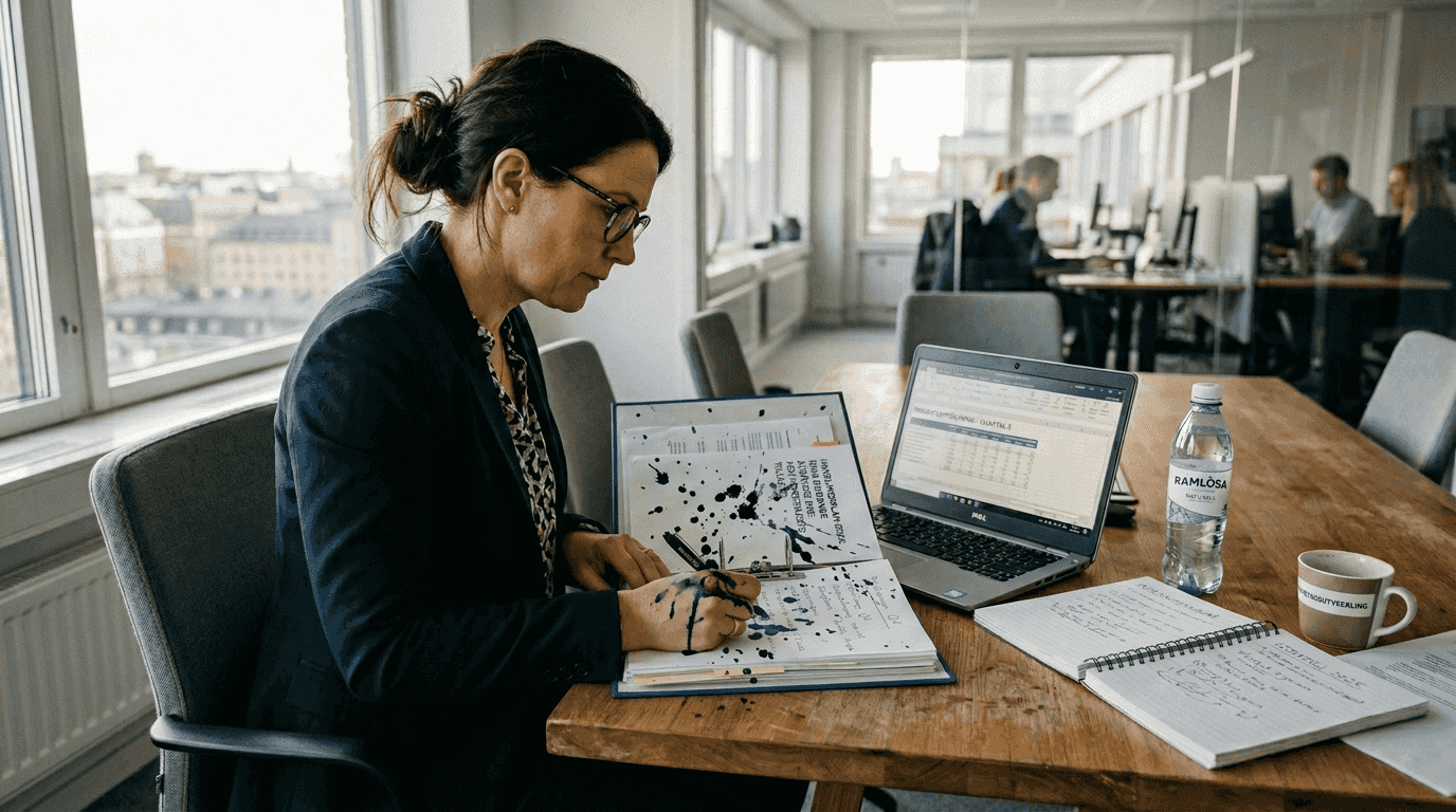 Planeringsmöte på kontoret med viktiga dokument utspridda på bordet