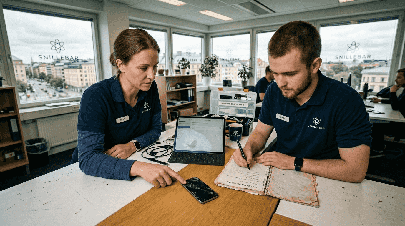 Två Apple-specialister slår sina kloka huvuden ihop för att lösa ett problem.