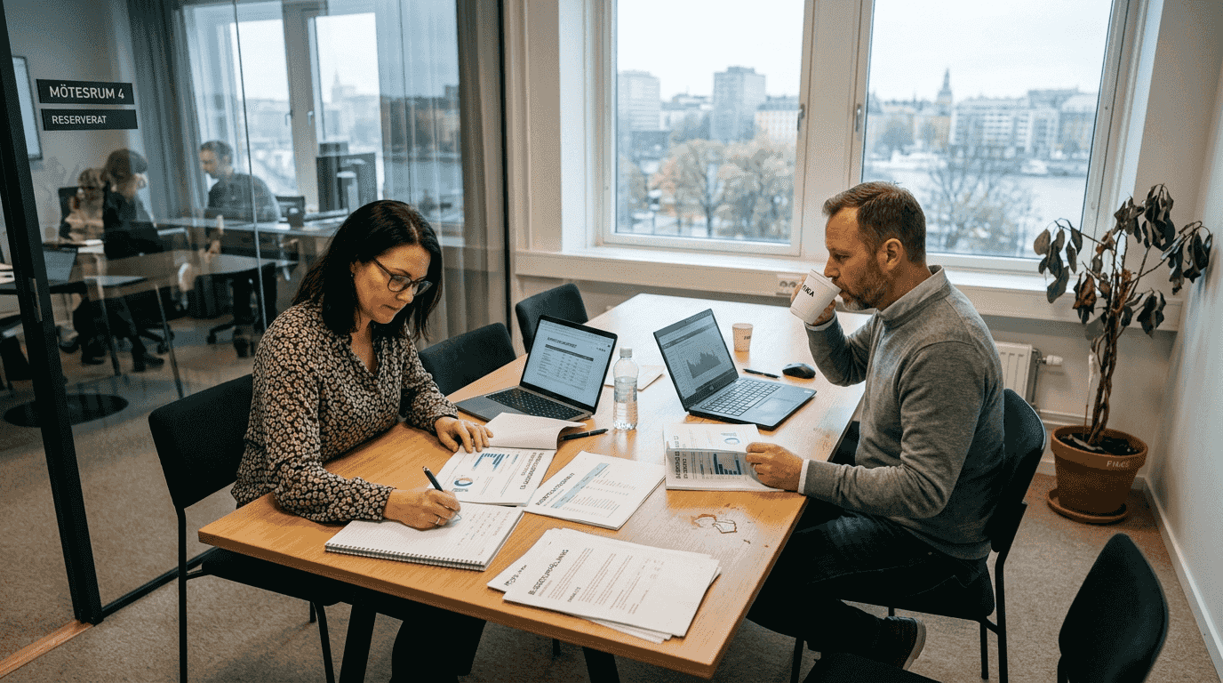 Claude 2026: din guide till smart AI för företag och privatpersoner 2 Två personer sitter vid ett konferensbord och diskuterar sina AI-rapporter.