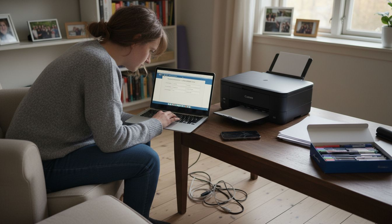 En kvinna styr skrivaren från sin laptop