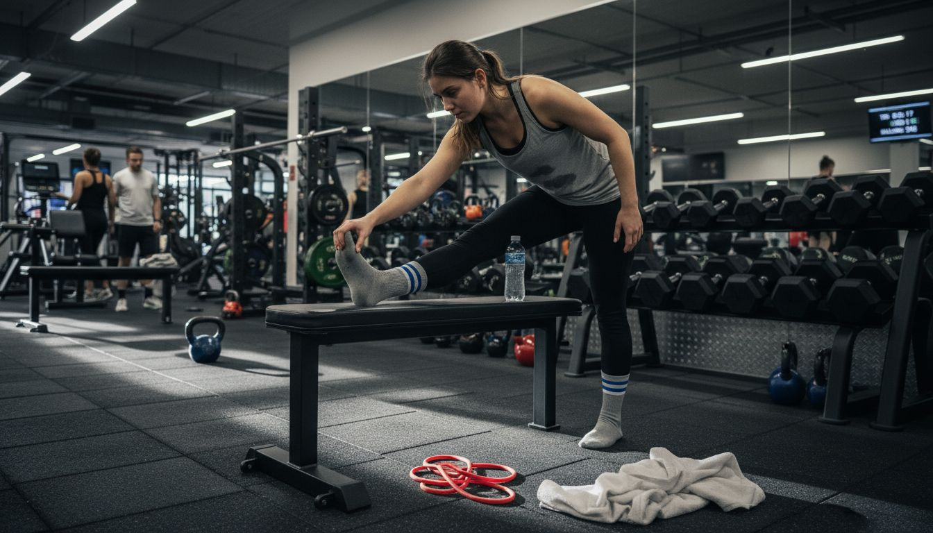 En kvinna sträcker ut kroppen på gymmet för att återhämta sig efter träningen.