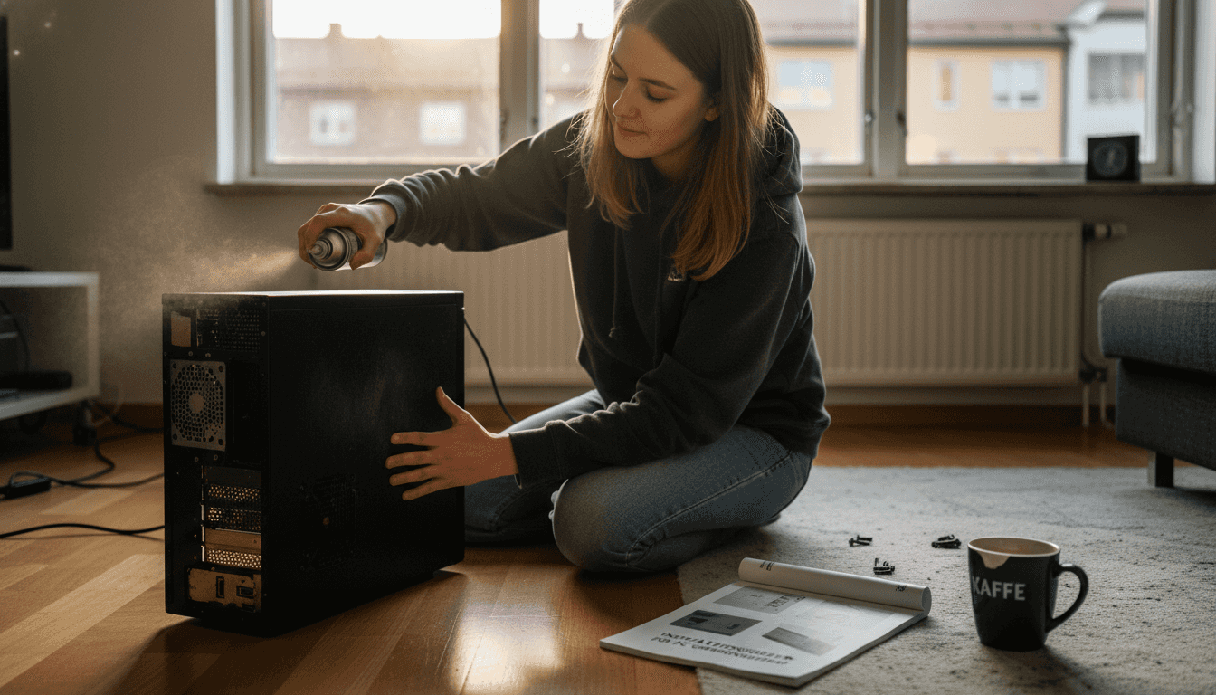 Kvinna blåser rent USB-portarna med tryckluft
