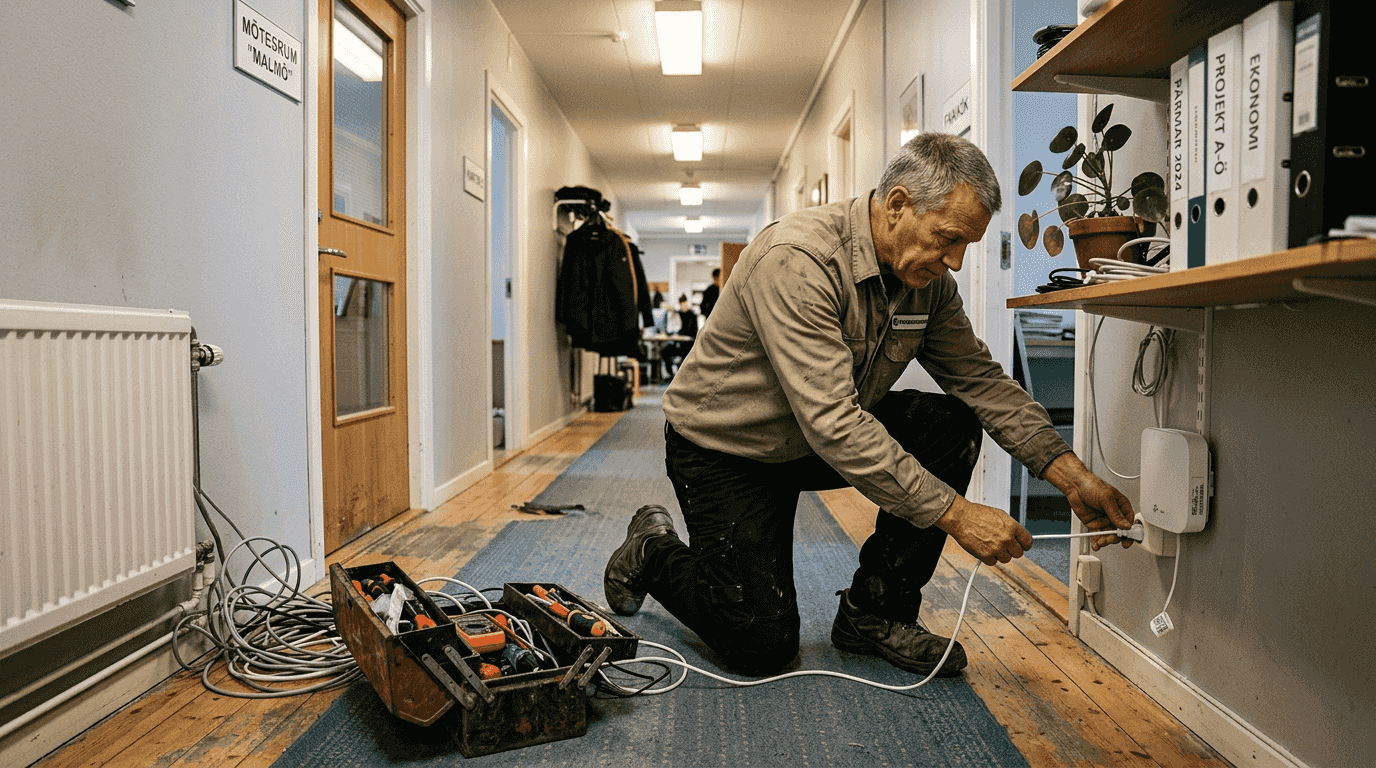 Installatören placerar ut en mesh wifi-enhet på kontoret för att förbättra nätverket.