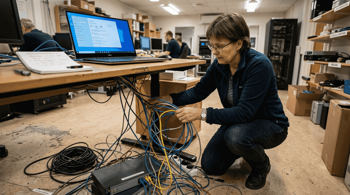 En kvinna granskar nätverkskablar vid sitt skrivbord.