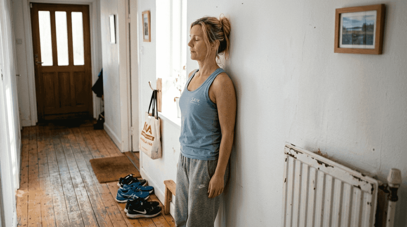 Kvinna visar hur man gör en väggövning för ryggen