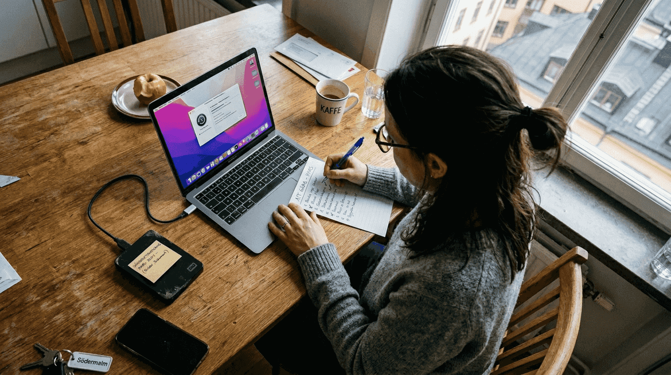 Innan hon optimerar datorn ser kvinnan till att göra en säkerhetskopia av allt viktigt.